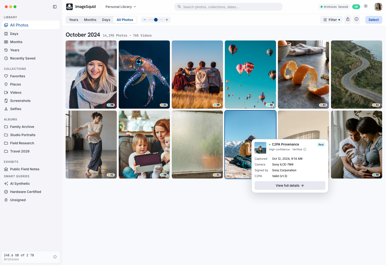 ImageSquid library showing All Photos with a Content Credentials provenance card