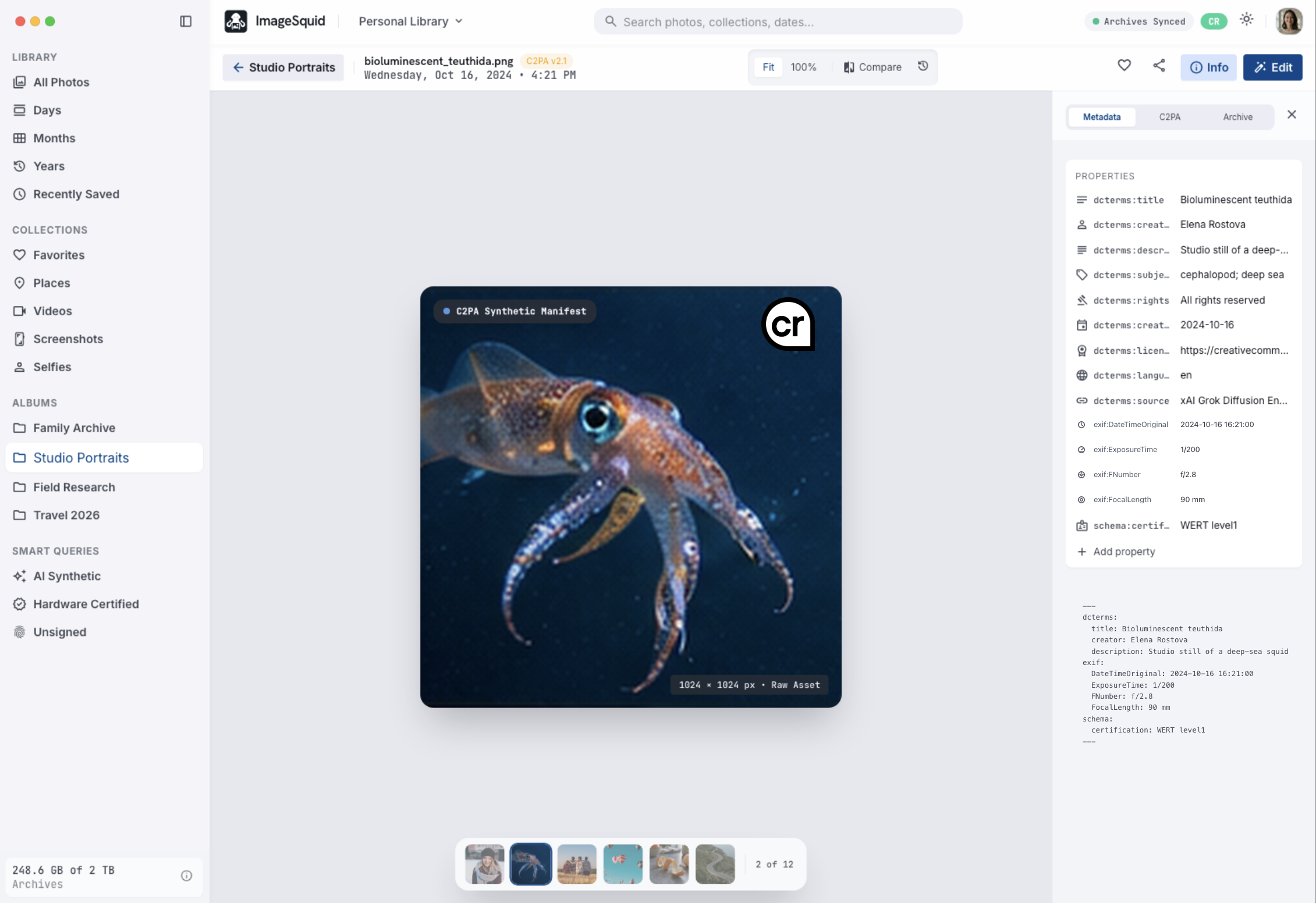 ImageSquid media inspector showing an AI-generated squid portrait with a C2PA Synthetic Manifest badge, C2PA version in the title bar, and Metadata, C2PA, and Archive tabs